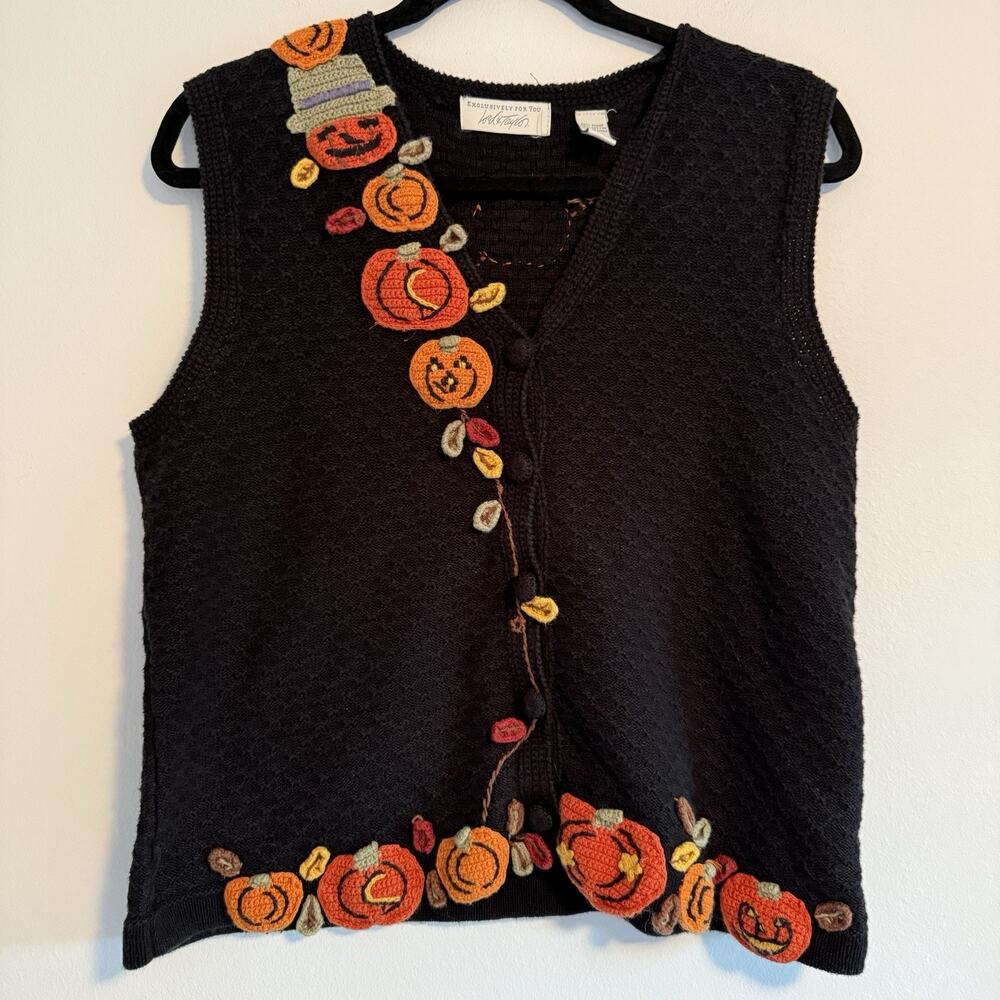 Vintage Lord & Taylor Fall Leaves Pumpkin Halloween Sweater Vest Black Small